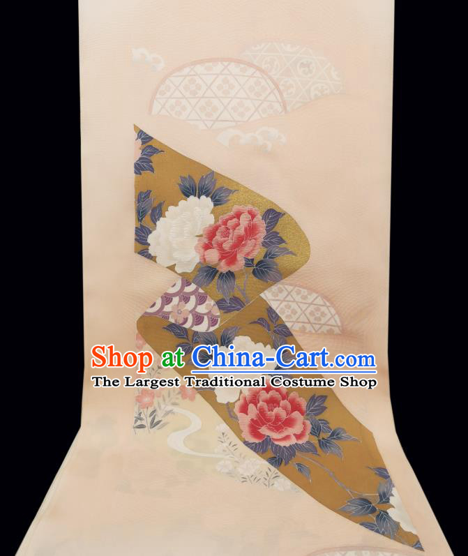 Asian Japanese Kimono Cloth Drapery Japan Classical Peony Pattern Beige Brocade Traditional Silk Fabric