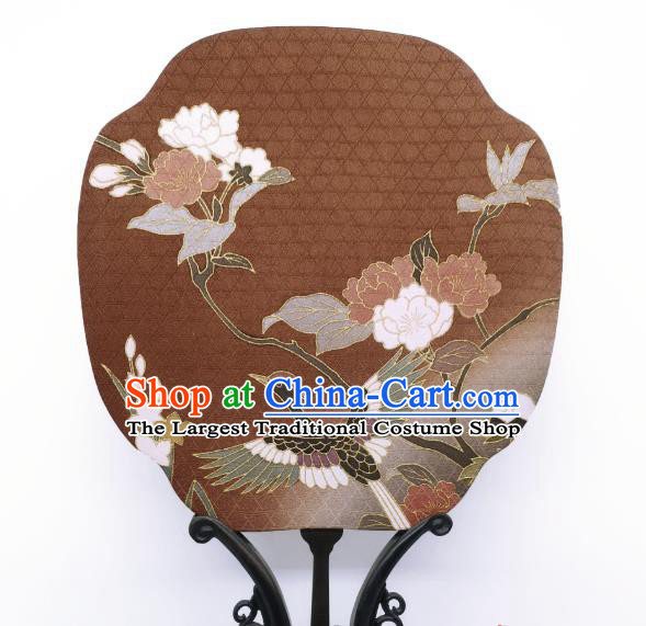 China Hand Painting Crane Flowers Palace Fan Brown Silk Fan Traditional Cheongsam Dance Fans