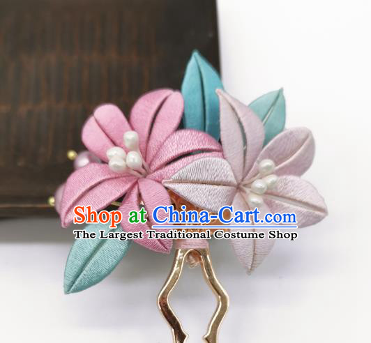 Chinese Handmade Ancient Young Lady Hairpin Hanfu Hair Accessories Traditional Silk Lily Flowers Hair Stick