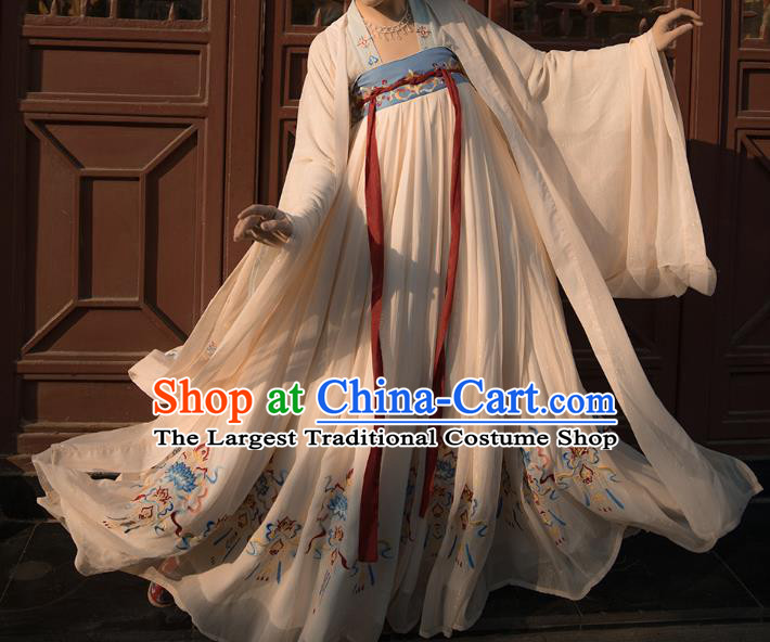 China Ancient Goddess White Hanfu Dress Traditional Tang Dynasty Embroidered Historical Clothing for Court Beauty