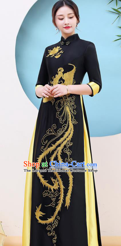 China Stage Performance Embroidery Golden Phoenix Cheongsam Catwalks Black Satin Qipao Dress Mother Clothing