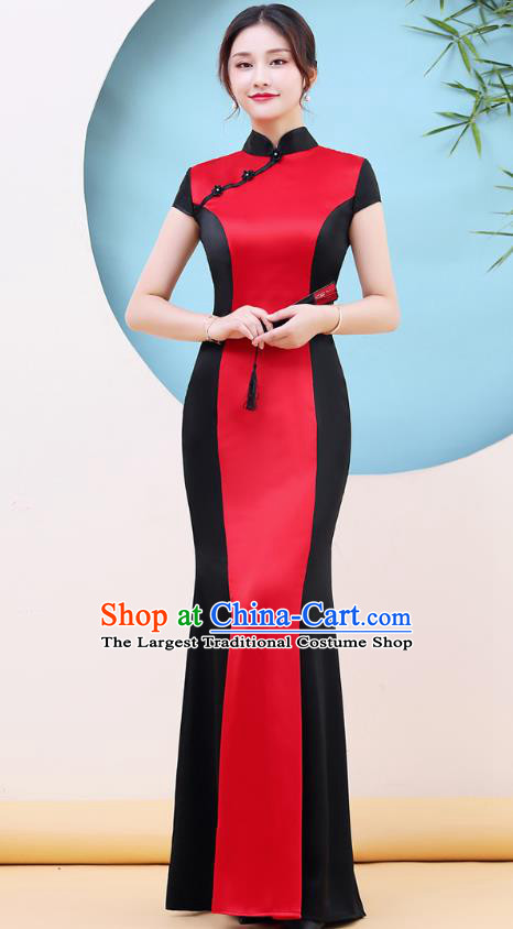 China Woman Chorus Clothing Catwalks Red Qipao Dress Stage Performance Fishtail Cheongsam