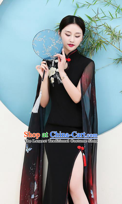 China Woman Water Sleeve Clothing Catwalks Embroidery Black Qipao Dress Stage Show Cheongsam