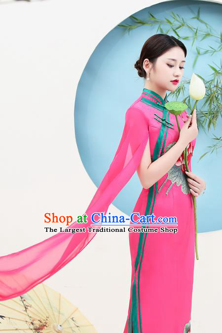 China Stage Show Embroidery Lotus Cheongsam Miss Etiquette Clothing Catwalks Rosy Satin Qipao Dress