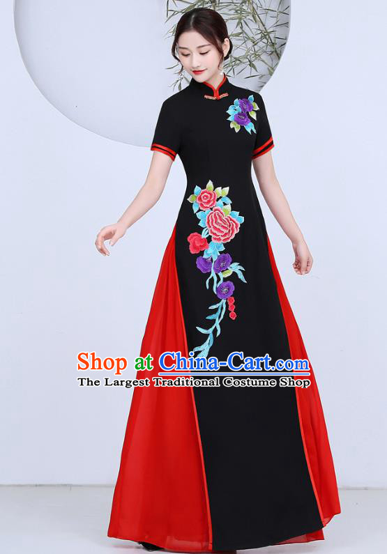 China Stage Performance Clothing Classical Dance Qipao Dress Catwalks Show Embroidery Peony Black Cheongsam