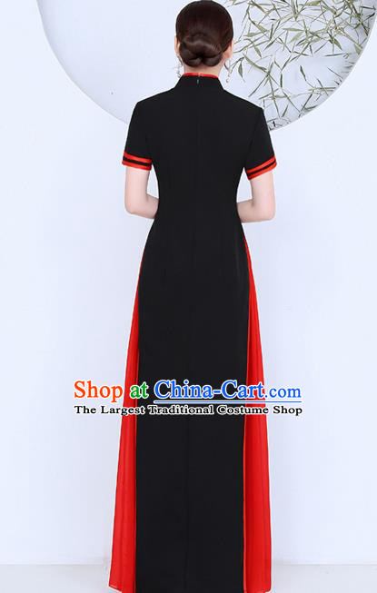 China Stage Performance Clothing Classical Dance Qipao Dress Catwalks Show Embroidery Peony Black Cheongsam
