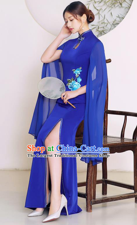 China Catwalks Royalblue Chiffon Sleeve Qipao Stage Performance Embroidery Cheongsam Woman Fishtail Dress Clothing