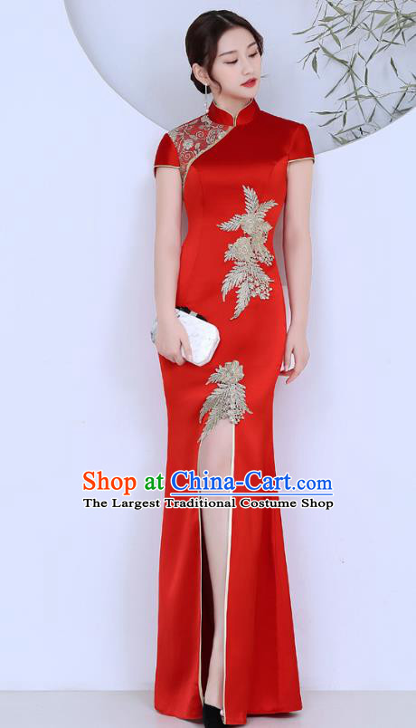 China Classical Red Satin Qipao Catwalks Show Cheongsam Stage Performance Evening Dress Clothing