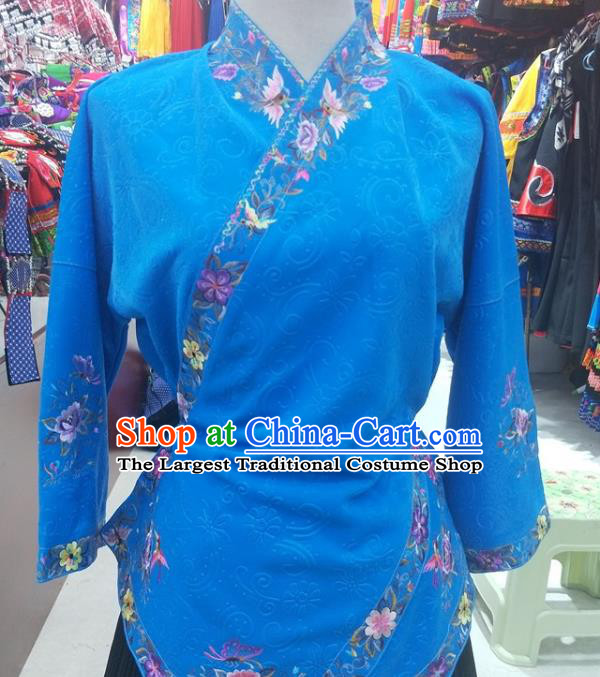 Chinese Traditional Hmong Ethnic Embroidery Blue Blouse Miao Nationality Folk Dance Shirt Clothing