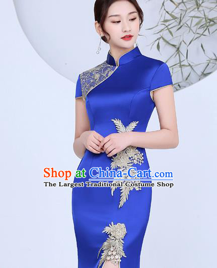 China Catwalks Show Cheongsam Stage Performance Evening Dress Clothing Classical Royalblue Satin Qipao