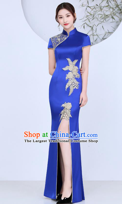 China Catwalks Show Cheongsam Stage Performance Evening Dress Clothing Classical Royalblue Satin Qipao