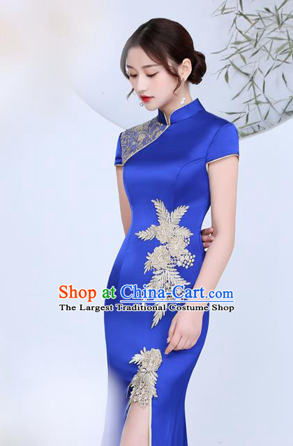 China Catwalks Show Cheongsam Stage Performance Evening Dress Clothing Classical Royalblue Satin Qipao