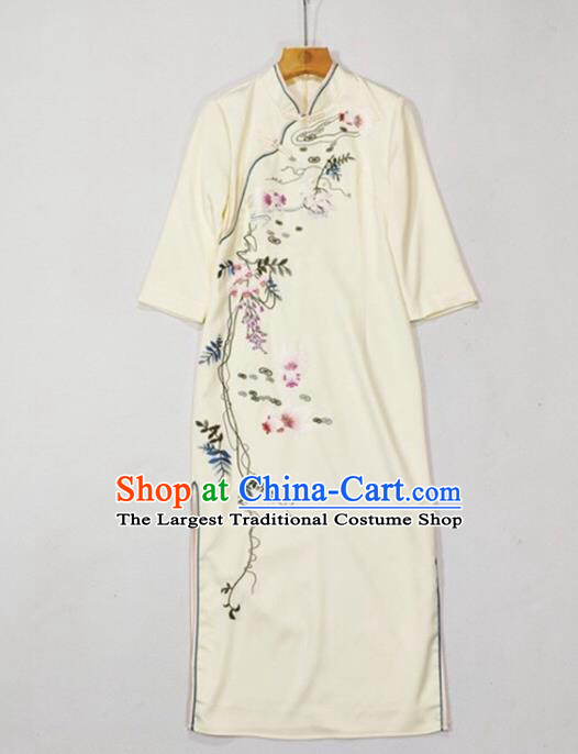 Chinese National Classical Embroidered Beige Qipao Dress Traditional Women Cheongsam Clothing
