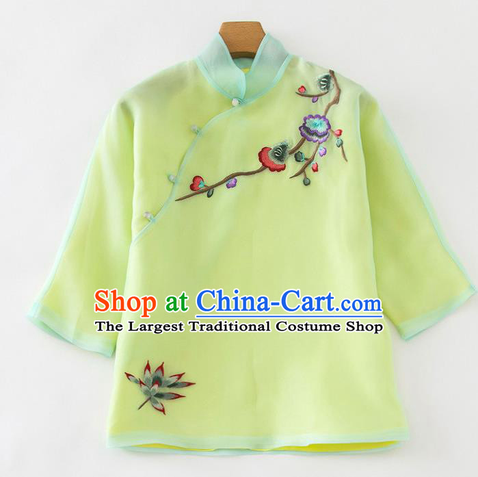 China Women Embroidered Green Organza Blouse Traditional Tang Suit Shirt Upper Outer Garment