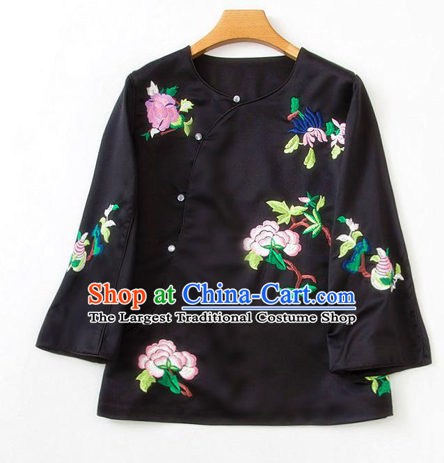 China Traditional Tang Suit Upper Outer Garment Embroidered Peony Black Silk Shirt