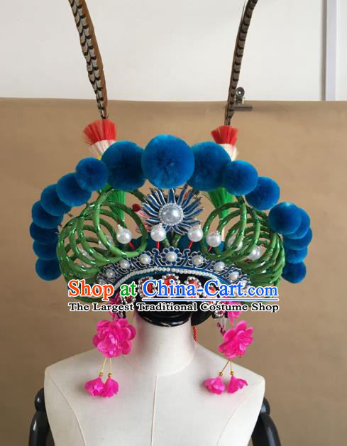 China Traditional Peking Opera Blues Hat Handmade Beijing Opera Female Swordsman Headwear