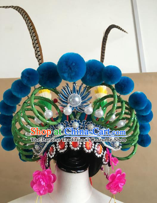 China Traditional Peking Opera Blues Hat Handmade Beijing Opera Female Swordsman Headwear