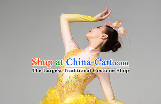 China Spring Festival Gala Flowers Fairy Dance Costume Opening Dance Yellow Veil Dress