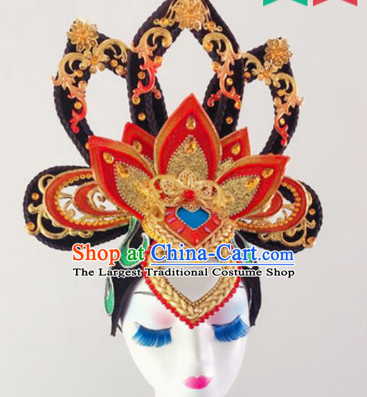 China Classical Dance Headwear Traditional Stage Performance Red Lotus Hair Accessories Handmade Goddess Wig Chignon