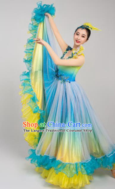China Traditional Chorus Blue Dress Stage Performance Clothing Opening Dance Costume