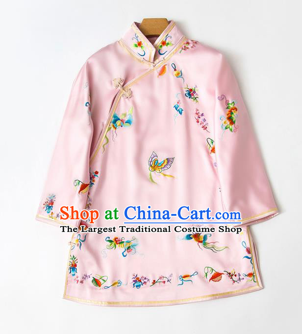 China Traditional Tang Suit Outer Garment Pink Silk Coat Embroidered Butterfly Jacket