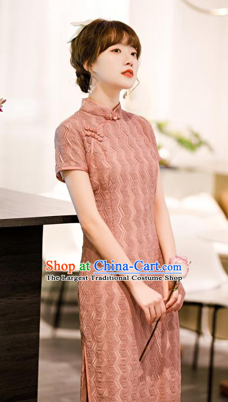 Chinese Classical Pink Lace Qipao Dress Traditional Elegant Cheongsam