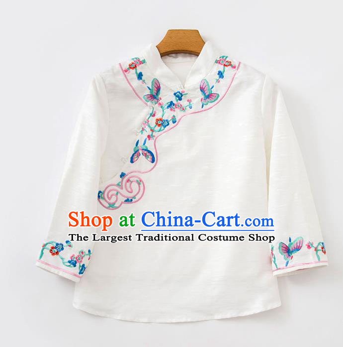 China Women Blouse Traditional Embroidered Butterfly White Flax Shirt Tang Suit Upper Outer Garment