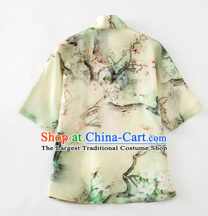 China Traditional Printing Pear Blossom Shirt Tang Suit Upper Outer Garment Women Green Silk Blouse