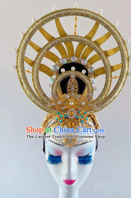 China Traditional Stage Performance Golden Hair Crown Headwear Handmade Classical Dance Wigs Chignon