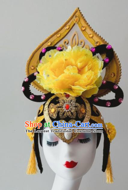China Handmade Classical Dance Wigs Chignon Traditional Stage Performance Goddess Yellow Peony Hair Accessories