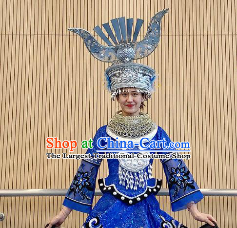 Chinese Miao Nationality Minority Stage Performance Costumes Ethnic Wedding Bride Royalblue Dress Outfits