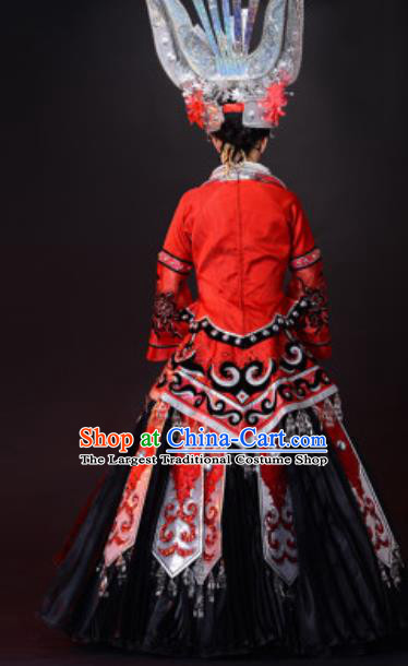 Chinese Ethnic Wedding Bride Red Dress Outfits Miao Nationality Minority Stage Performance Costumes