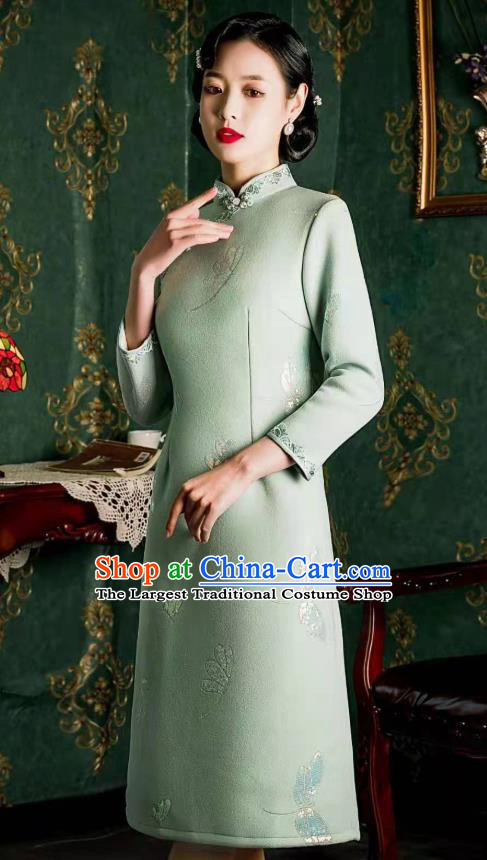 Chinese Traditional Cheongsam Classical Dragonfly Pattern Light Blue Qipao Dress