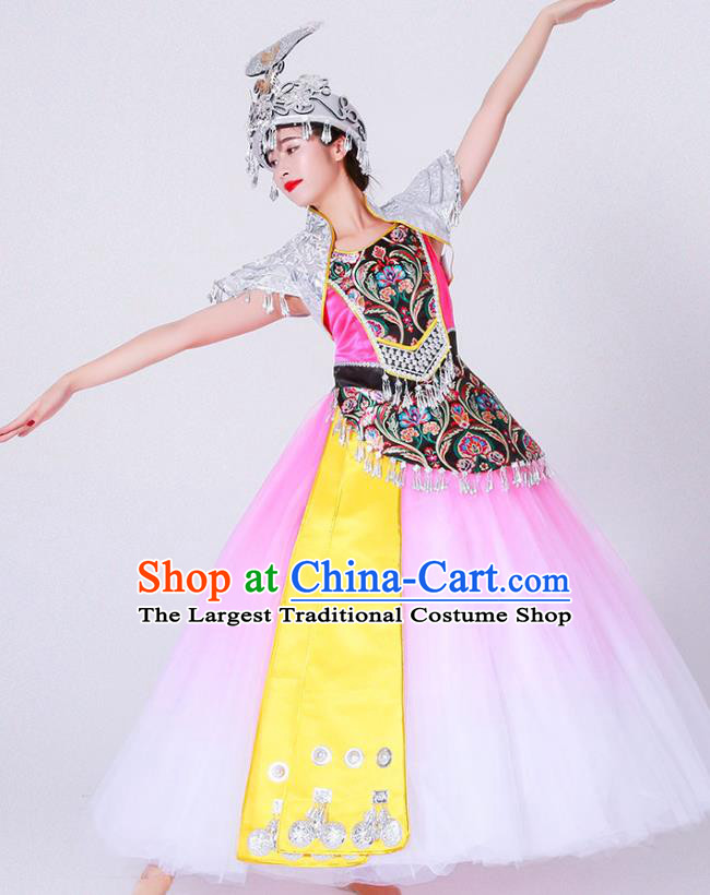 Chinese Miao Nationality Minority Folk Dance Costumes Ethnic Woman Stage Performance Pink Dress Outfits