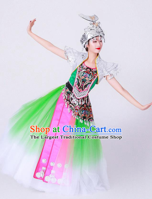 Chinese Ethnic Woman Stage Performance Green Dress Outfits Miao Nationality Minority Folk Dance Costumes