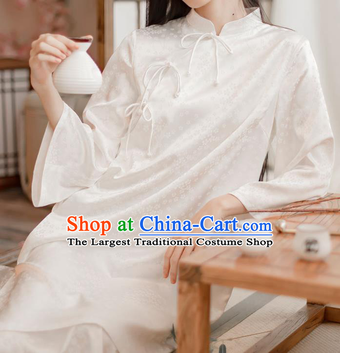 Chinese Traditional Slant Opening Cheongsam Clothing National White Silk Qipao Dress