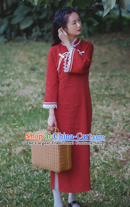 Chinese Traditional Lace Sleeve Red Cheongsam Clothing National Shanghai Young Girl Qipao Dress