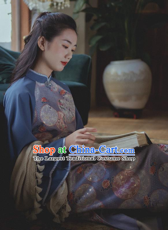 Chinese Traditional Stand Collar Cheongsam Clothing National Printing Blue Wide Sleeve Qipao Dress