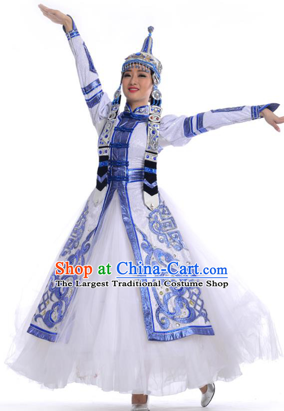 Chinese Mongol Nationality Minority Stage Performance Costumes Mongolian Ethnic Bride White Dress Outfits