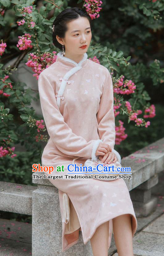 Chinese Traditional Winter Young Lady Cheongsam Clothing National Pink Suede Qipao Dress