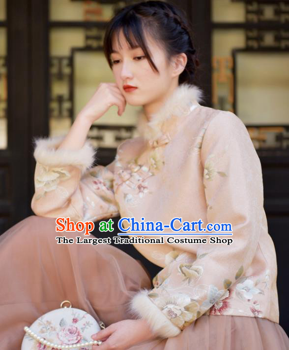 China Classical Cheongsam Upper Outer Garment Traditional Tang Suit Embroidered Beige Jacket