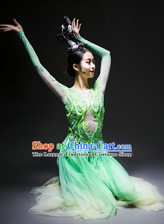 China Woman Solo Dance Costume Traditional Modern Dance Stage Performance Green Dress