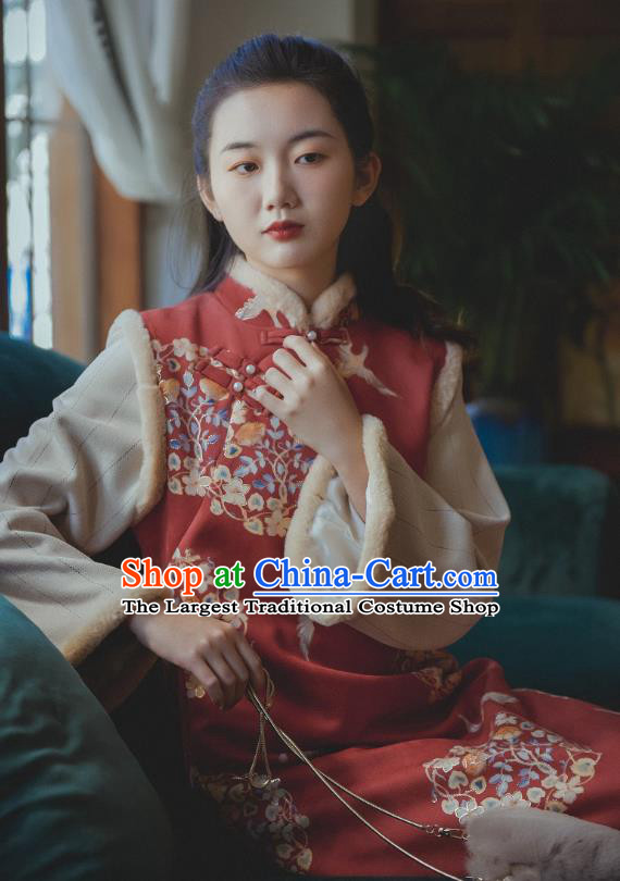 Chinese National Shanghai Lady Sleeveless Qipao Dress Traditional Winter Red Woolen Cheongsam Clothing