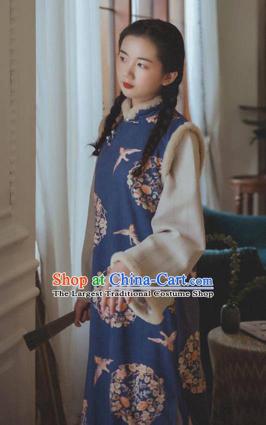 Chinese Traditional Winter Printing Blue Woolen Cheongsam Clothing National Young Lady Sleeveless Qipao Dress