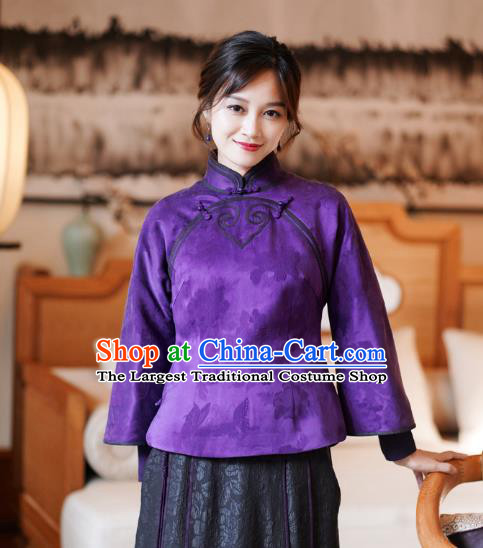 China Classical Peony Butterfly Pattern Purple Silk Jacket Tang Suit Overcoat National Cotton Wadded Coat