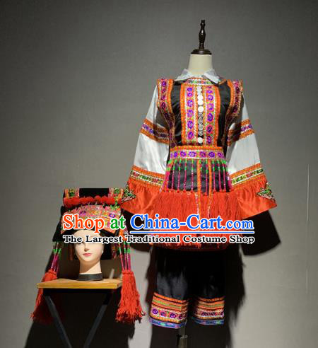 Chinese Yi Nationality Minority Folk Dance Costumes Ethnic Woman Stage Performance Outfits and Headwear