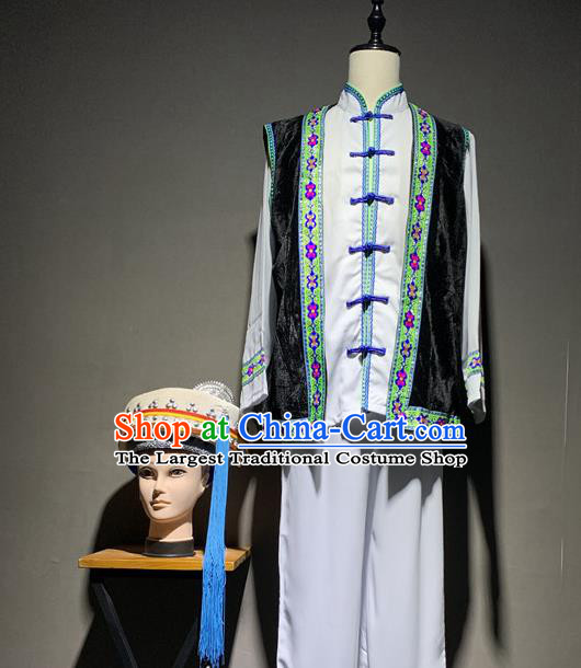 Chinese Dai Nationality Dance Costumes Yunnan Ethnic Minority Folk Dance Clothing and Hat for Men