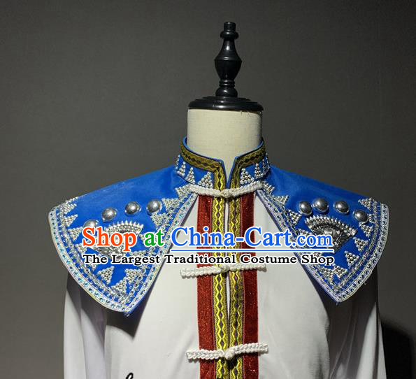 Chinese Bai Nationality Male Dance Costumes Yunnan Ethnic Minority Folk Dance White Outfits Clothing and Hat
