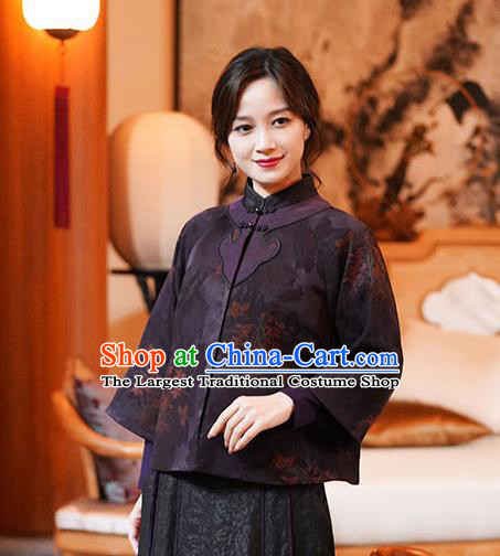 China Classical Orchids Pattern Purple Silk Jacket Tang Suit Overcoat National Women Clothing