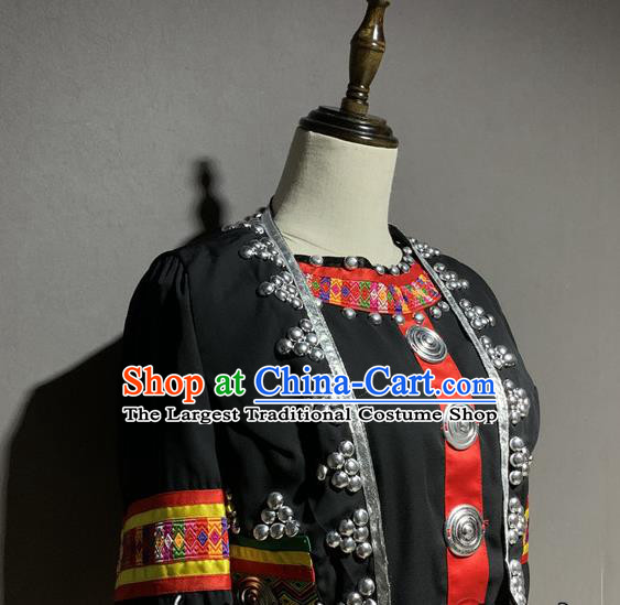 Chinese Tujia Nationality Minority Costumes Ethnic Woman Folk Dance Black Outfits Clothing and Hat